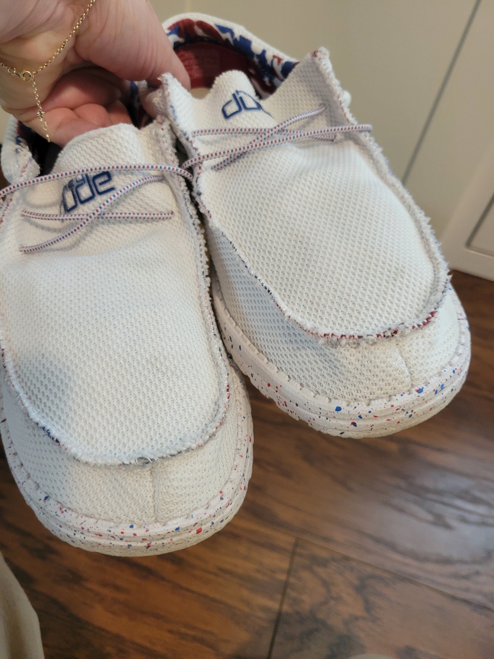 Hey Dude 4th Of July White Slip-On Sneakers with Red & Blue Star Lining - Picture 4 of 10